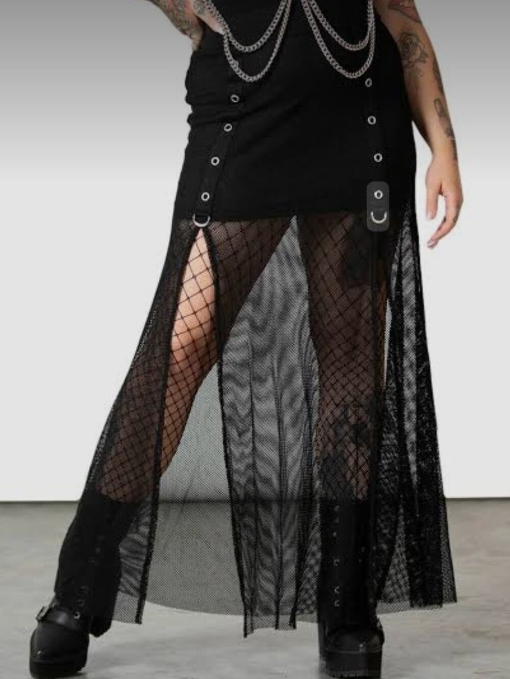 Killstar Black Sheer Fishnet Maxi Skirt with Eyelet Rings L NWT